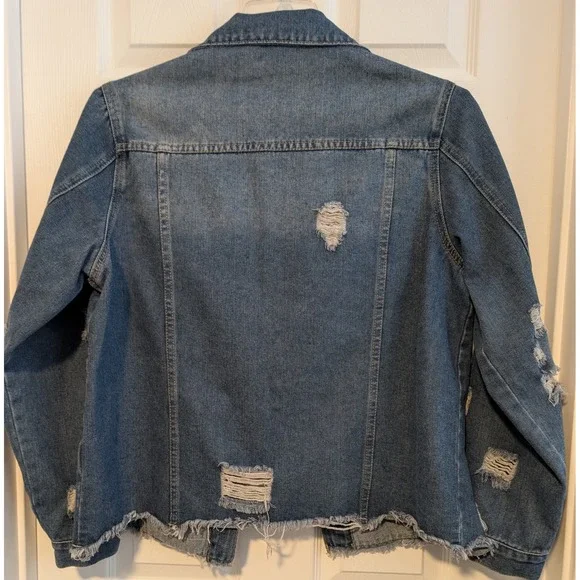 NWOT EVALESS Women's XL  Distressed Washed Crop Denim Jean Jacket Coat VERY NICE - Picture 4 of 6